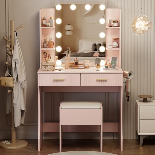 White Vanity Desk with LED Mirror and Storage Stool D5834