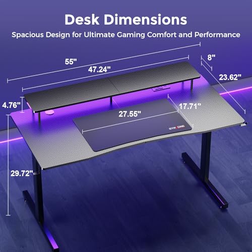GTRACING 55 Inch Gaming Desk with LED Lights and Monitor Stand I9402
