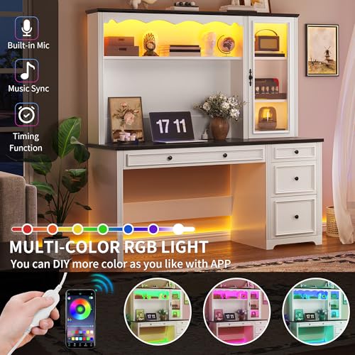YITAHOME Executive Desk with Hutch, Drawers, Power Outlet & LED Lights, White & Black Z850393