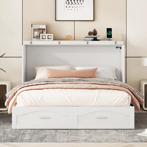 Queen Size Solid Pine Murphy Bed Chest with Charging Station and Storage Drawer K498