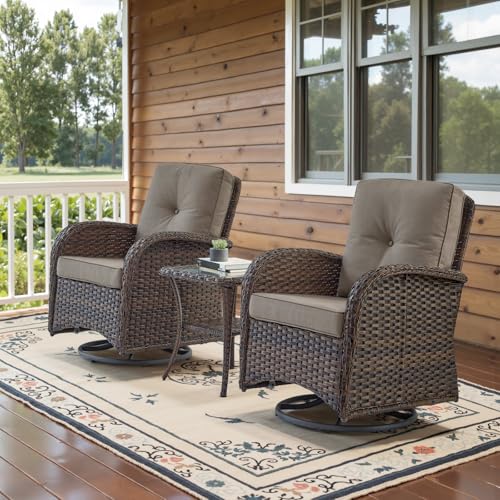 Outdoor Wicker Swivel Rocker Chairs Set of 2 with Rattan Side Table, Brown/Blue B592