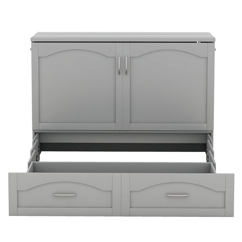 Queen Size Murphy Bed Wall Bed with Storage and Bookcase Headboard, Solid Wood, White H58166