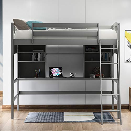 Harper & Bright Designs Full Size Loft Bed with Wardrobe and Desk, Solid Wood, White R4710