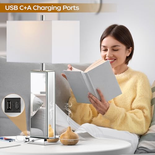Modern Table Lamp Set of 2, Touch Control, Silver Crystal Bedside Lamp with USB Ports I576