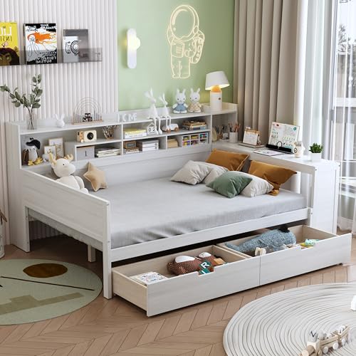 Bellemave Twin Corner Bed Frame with Storage Shelves and Desk, Gray L74206