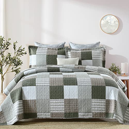 Quilts Queen Size, 100% Cotton Queen Quilt, Farmhouse Navy Blue Grey Plaid Queen Quilt Bedding Set, Reversible Lightweight Bedspread Queen Size, 3 Pieces