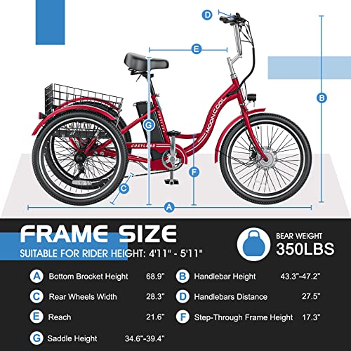MOONCOOL Electric Tricycle for Adults, 350W 36V, 7 Speeds with Large Basket L833080