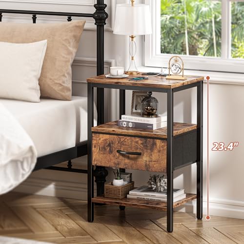 SUPERJARE Nightstand with Charging Station, Fabric Drawer, 3-Tier Storage, Walnut K366263