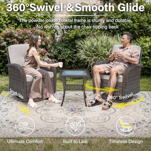 Outdoor Wicker Swivel Rocker Chairs Set of 2 with Rattan Side Table, Brown/Blue B592