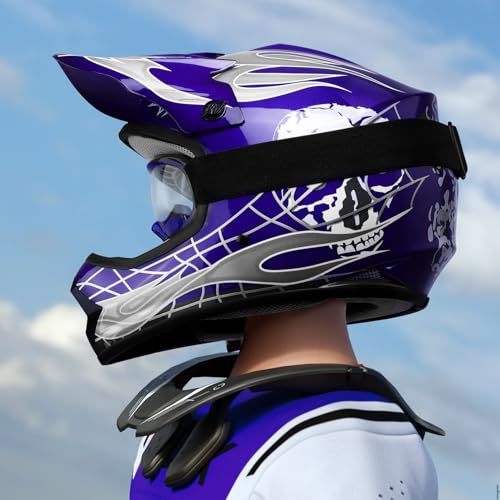 SLMOTO Dot Youth Kids Motocross Offroad Helmet with Goggles and Gloves Blue Skull D851858