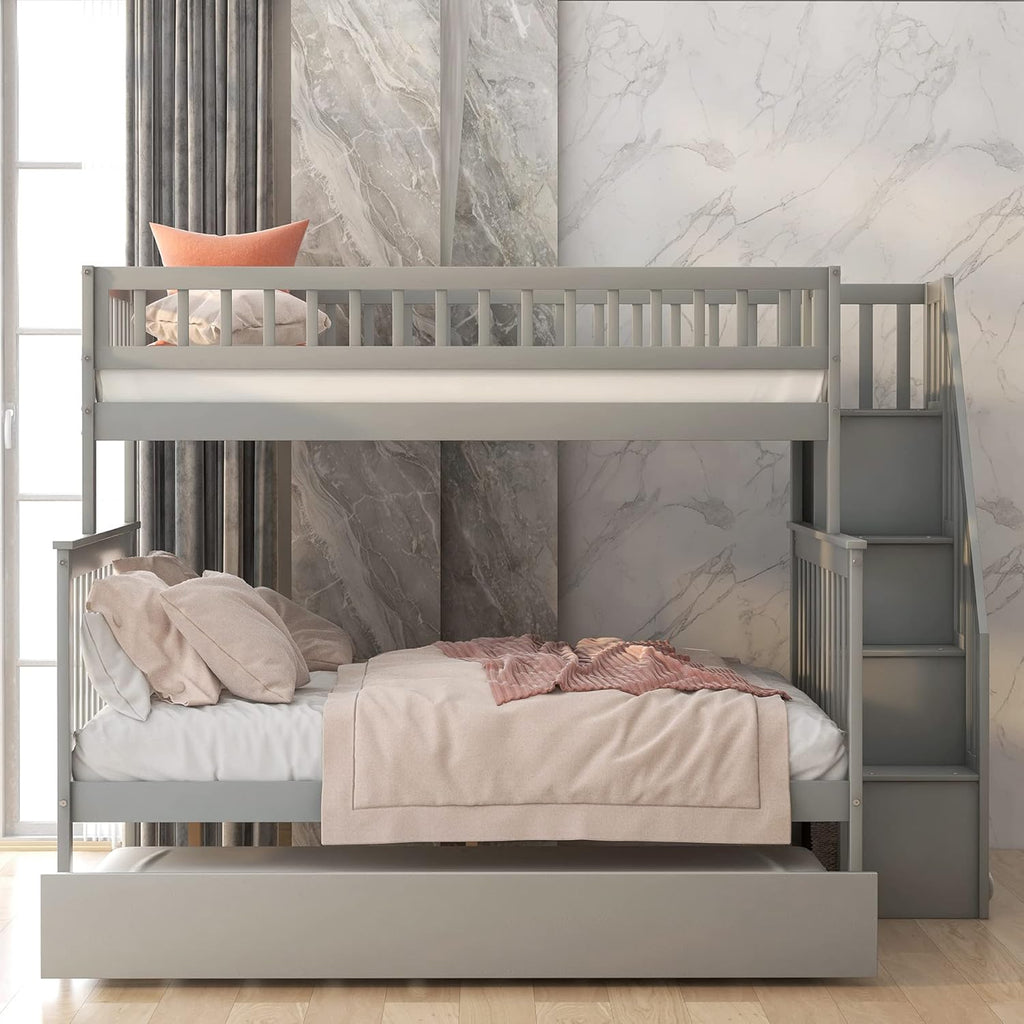 Twin Over Full Bunk Bed with Trundle, Wood Frame, Gray E6647