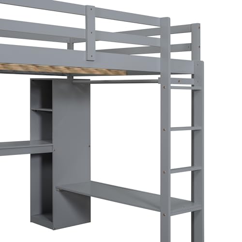 SOFTSEA Full Size Loft Bed with Desk & Wardrobe, White F150304