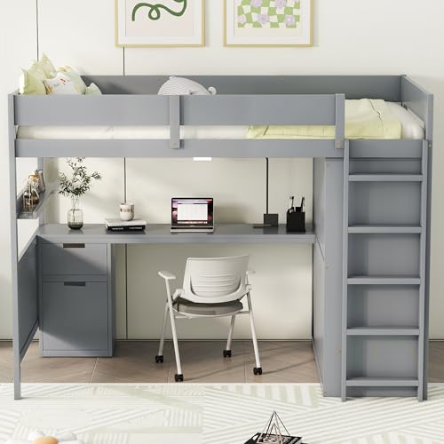 Harper & Bright Designs Twin Size Loft Bed with L-Shaped Desk and Stairs, Solid Wood, White D768
