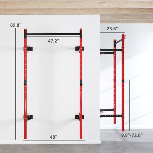Soozier Wall Mounted Folding Squat Rack with Pull Up Bar, 1000 lbs Capacity, Red Z8827