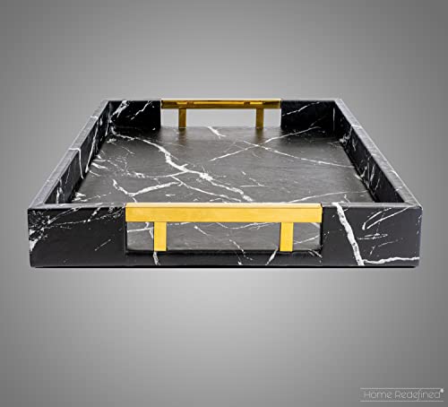 White Marble Faux Leather Decorative Tray with Handles D972626