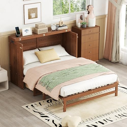 Queen Murphy Bed Cabinet with Storage Drawer and Charging Station, Solid Pine, White A401