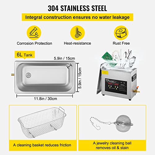 VEVOR 6L Ultrasonic Cleaner with Heater and Timer for Jewelry Glasses Instruments R210