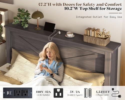 AMERLIFE King Bed Frame with Bookcase Headboard and Charging Station V4787