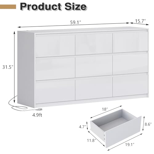 White 10 Drawer Dresser for Bedroom, High Gloss Modern TV Stand D4767