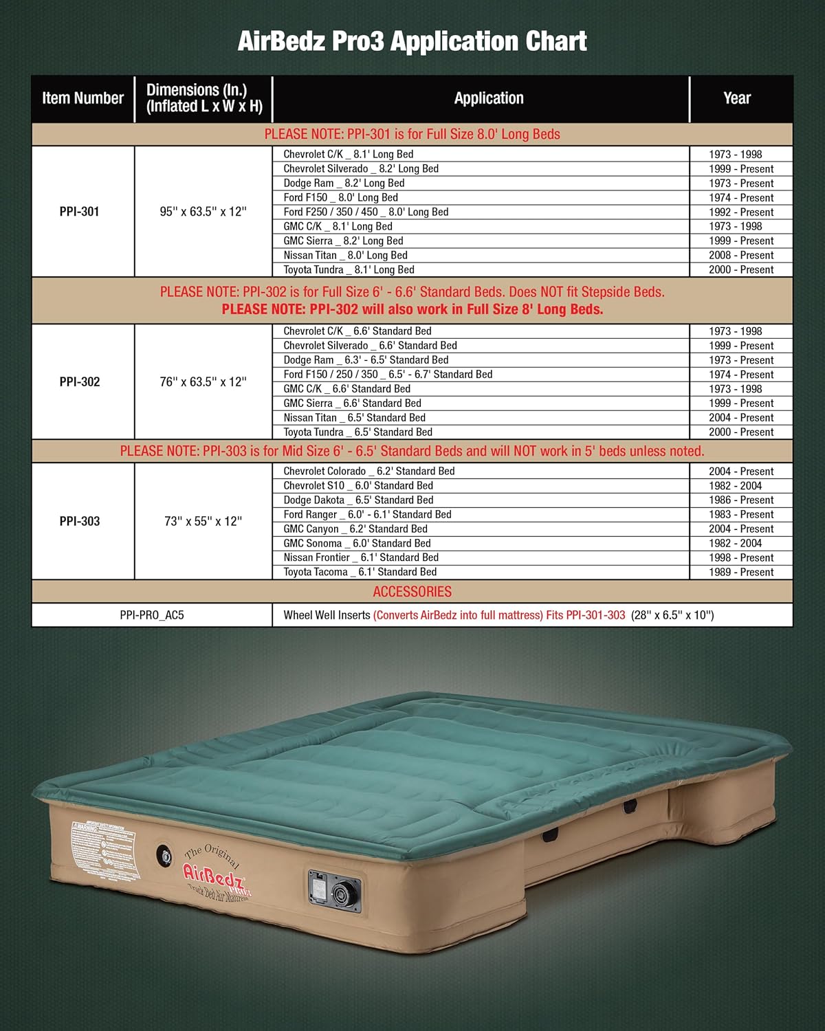 Pittman Pro3 Series Truck Bed Air Mattress 6.5 ft Full Size O770