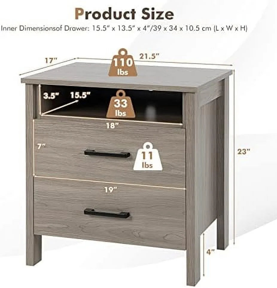 RUNFAYBIU Nightstand with 2 Drawers Wooden End Table Oak S202392