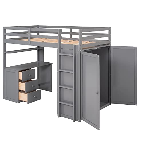 Harper & Bright Designs Full Loft Bed with Desk, Wardrobe, Solid Wood N868457