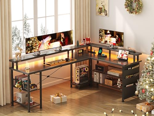 66" L Shaped Gaming Desk with Power Outlet and LED Lights, Black Carbon Fiber O942411