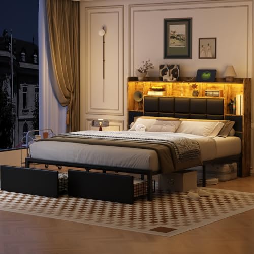 LED Bed Frame Full Size with Bookshelf Headboard and Charging Station R978868