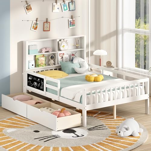 Giantex Full Bed with 2 Storage Drawers, Solid Wood Kids Bed Frame, White N580265