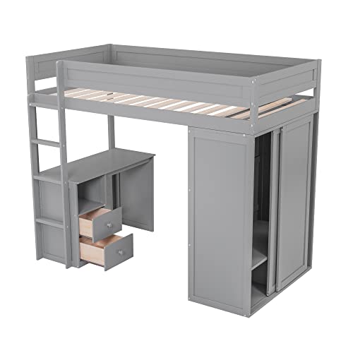 Full Size Loft Bed with Storage Wardrobe and Desk for Kids Teens Adults White K66587