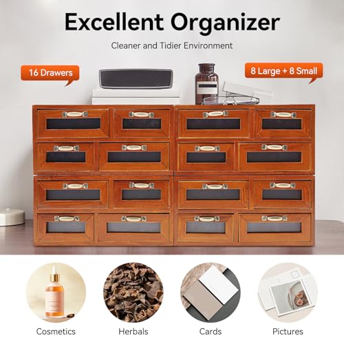 Vintage 16-Drawer Wooden Desktop Organizer with Iron Label Holders N538