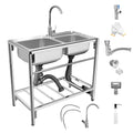 Outdoor Utility Sink Stainless Steel Double Bowl Free Standing Commercial Restaurant Kitchen Sink with Hot and Cold Faucet for Laundry,Garage,Cafe Bar 31.5" x 16.9" x29.5"