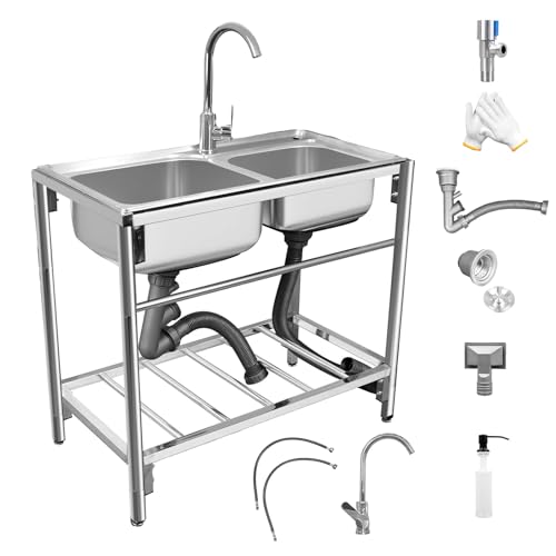 Outdoor Utility Sink Stainless Steel Double Bowl Free Standing Commercial Restaurant Kitchen Sink with Hot and Cold Faucet for Laundry,Garage,Cafe Bar 31.5" x 16.9" x29.5"
