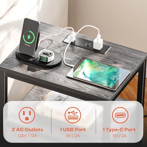 SUPERJARE Nightstand with Charging Station, Fabric Drawer, 3-Tier Storage, Walnut K366263