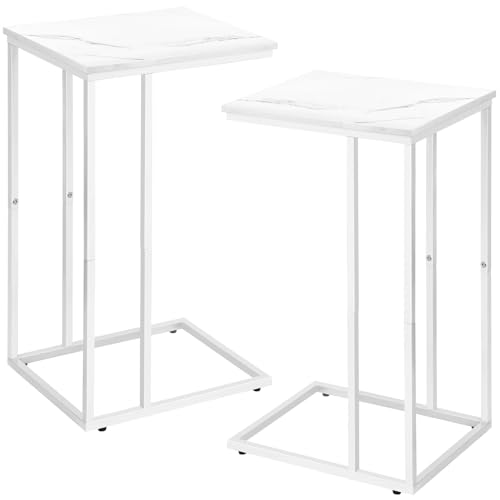 C Shaped Side Table Set of 2, Marble End Table for Sofa and Bed, White and Black O683294