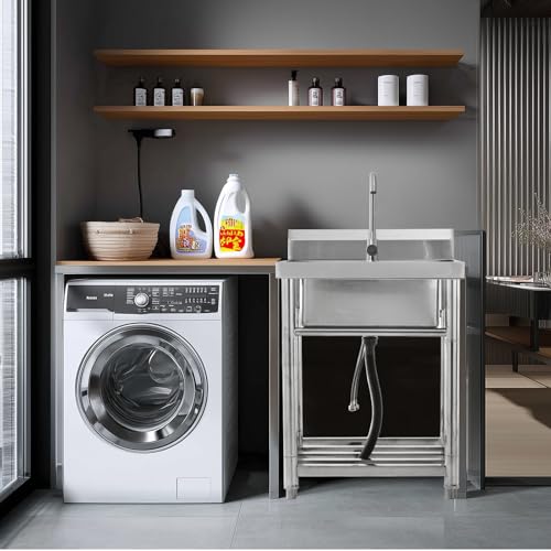 Stainless Steel Free Standing Utility Sink Single Bowl with Hot Cold Pipe R683