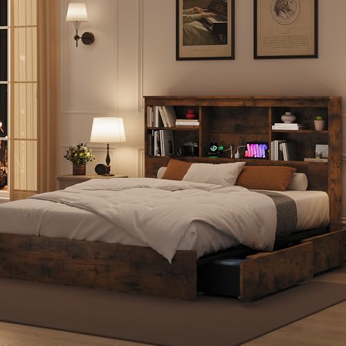 GarveeHome Full Size Bed Frame with Bookcase Headboard and Charging Station Z337