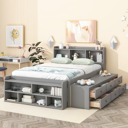 SOFTSEA Full Size Platform Bed with Storage Drawers and Bookcase Headboard, White V613109